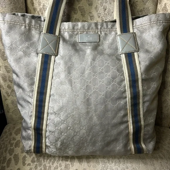 Gucci GG Silver Nylon open tote bag with green,blue,cream nylon stripes - Picture 3 of 17